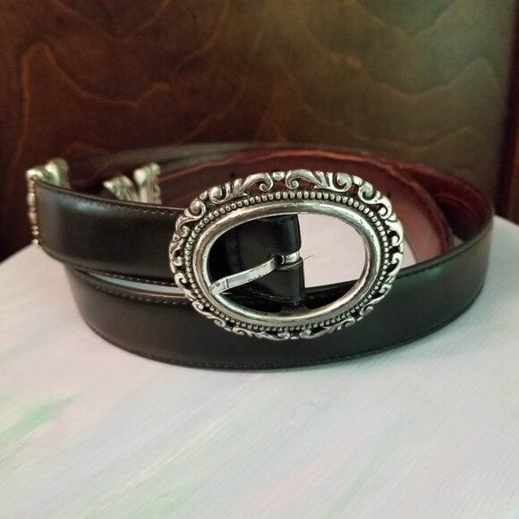 Reversible Women's Brown & Black Leather Belt, Scrollwork Buckle Mock Crock Boho - Picture 5 of 13